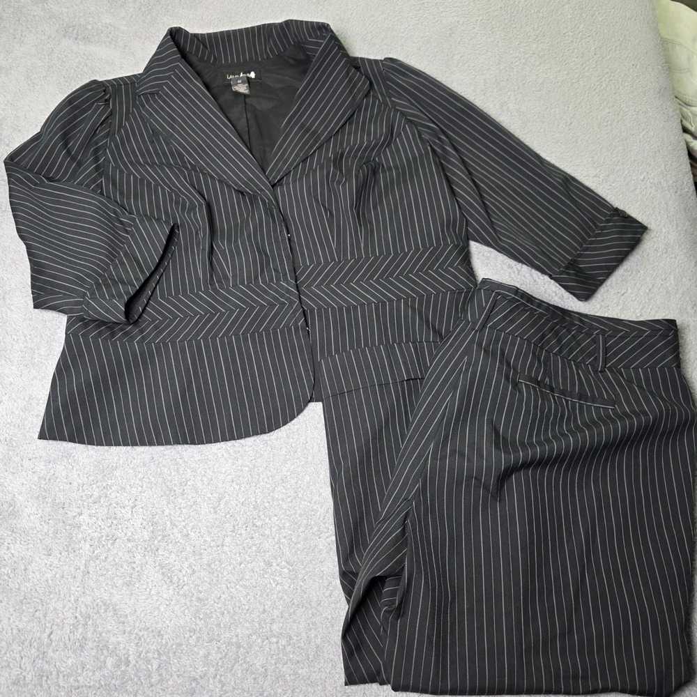 Lane Bryant Womens 20 Pant Suit Black Pinstripe 3/4 Sleeve Blazer Trousers Set